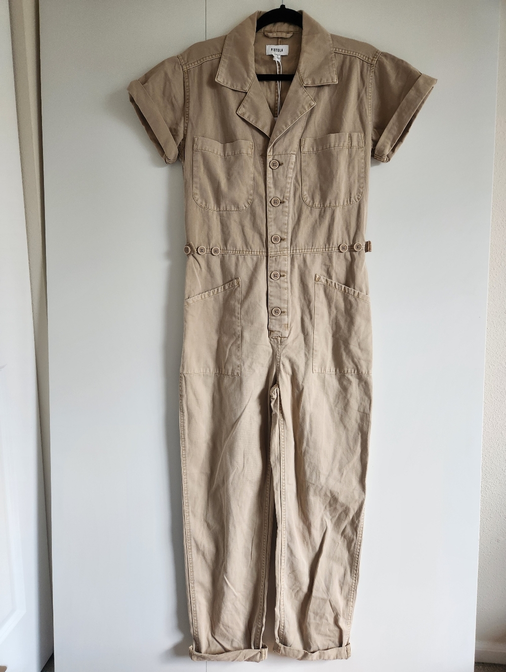 Pistola Grover Denim Jumpsuit Utility Tan Short Sleeve Button Up Front Small NWT